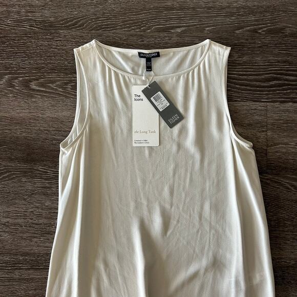 Eileen Fisher 100% Silk Georgette Crêpe Long Shell Bone Bateau Neck Top S Petite - Picture 3 of 16